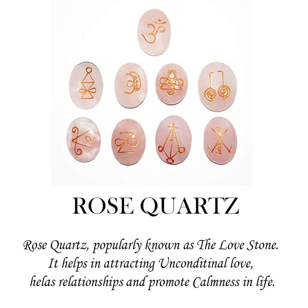 Reiki Crystal Products Rose Quartz Karuna Reiki Set 9 pc Pink Crystal Set for Reiki Healing