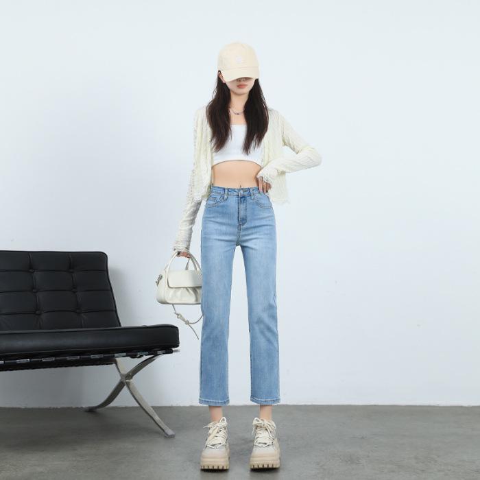 2024 Autumn/Winter High-Waisted Slimming Straight-Leg French Stretch Jeans for Women - Chic Petite Cropped Pants