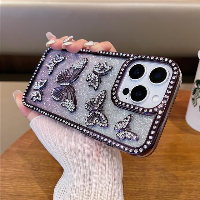 For iPhone 16 Pro Max Luxury Flash Glitter Butterfly Plating Frame Phone Case For iPhone 11 12 13 14 15 16 Plus Rhinestone Cover
