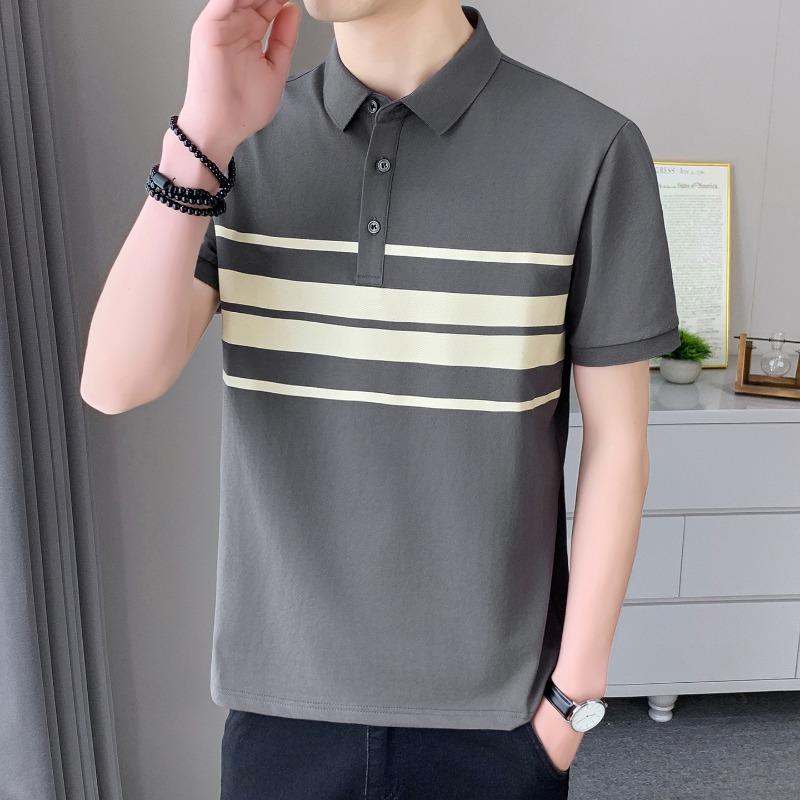 Men's White Polo Shirt with Grey Horizontal Stripes