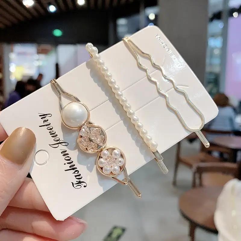 Korean Version of A Word Clip Set of Pearl Gravel Hair Clip Temperament Edge Clip Sweet Girl Heart Hair Ornament Female