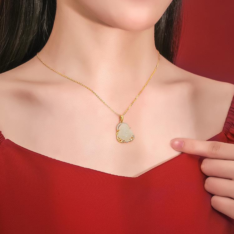 Maitreya Buddha Hetian Jade Pendant Necklace with Gold Inlay - Women's Luck-Turning Gift for Live Stream Traffic Boost