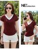 2026 Summer Women's Stylish V-neck Color Block Slim Fit Short-Sleeve Fake Two-Piece Top