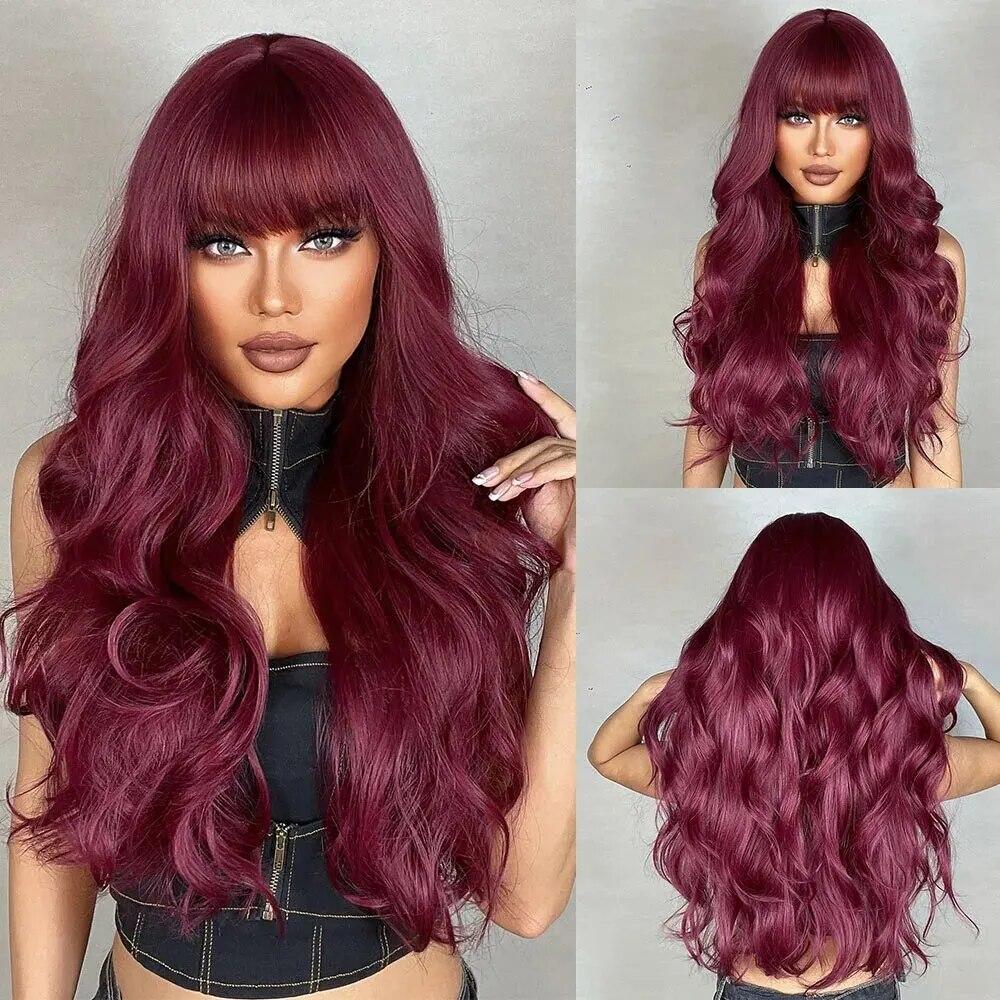 

Wine Burgundy Red Long Wavy Synthetic Wigs With Bangs for Women Cosplay Christmas Natural Hair Wig Heat Resistant Fiber Wig LC2074-1