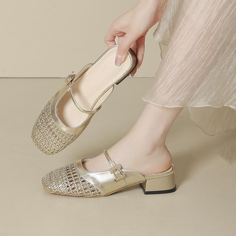 Wear Half Slippers 2025 New Hollow Bag Head Hollow Breathable Low Heel Inner Height Increase Woven Women's Summer High Heel Sandals