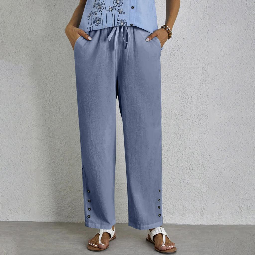 New Women's Cotton Linen Drawstring Waist Casual Pants Lace Button Detail With Pockets European American Style In Stock
