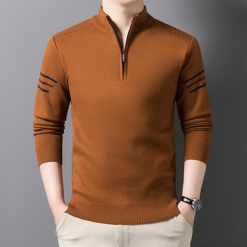 Winter Thickened Zipper Knitted Sweater Semi-Turtleneck Men'S Casual Business Bottom Sweater