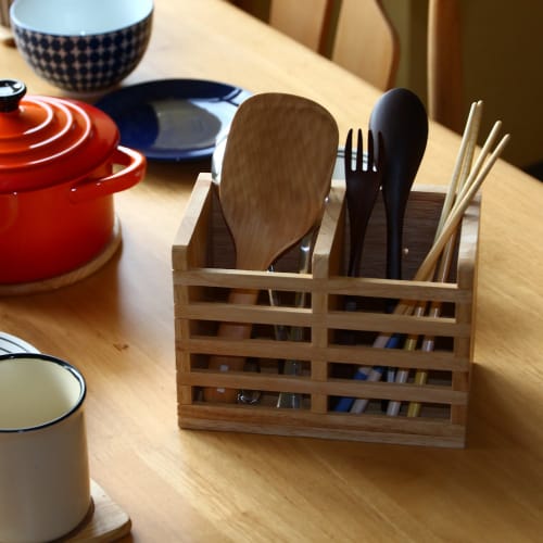 Fuji Boeki Chopstick Holder, Cutlery Stand, Width 18 X Depth 10 X Height 13cm, Natural Wood, with Dividers, Kitchen Storage, Bonheur, 96137