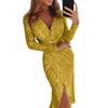 Vestido de tubo a media pierna con abertura y manga larga con cuello en V y lentejuelas sexy para fiesta de noche