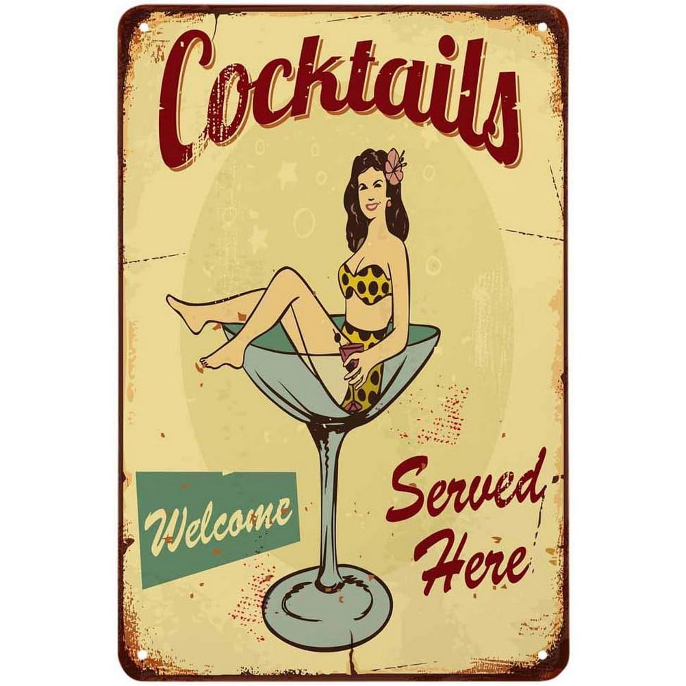 Vintage Pinup Weinmädchen Metallblechschilder Cocktail Martini Fireball Bier Wanddeko für Hausbars Garage Café Clubs Man Cave Pubs