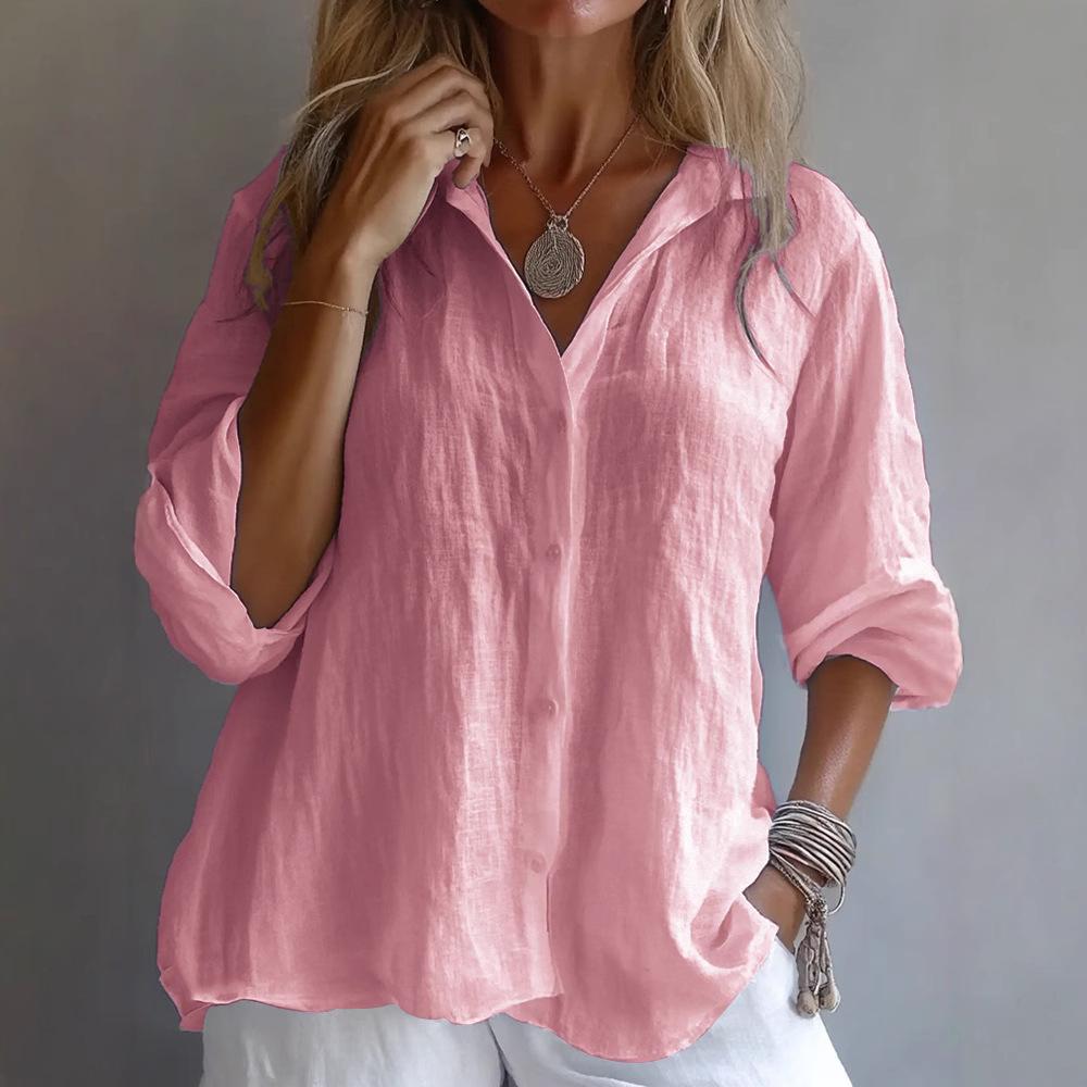 Women s Long Sleeve V-Neck Linen Shirt - Solid Color, Casual Spring Fashion 5XL розовый