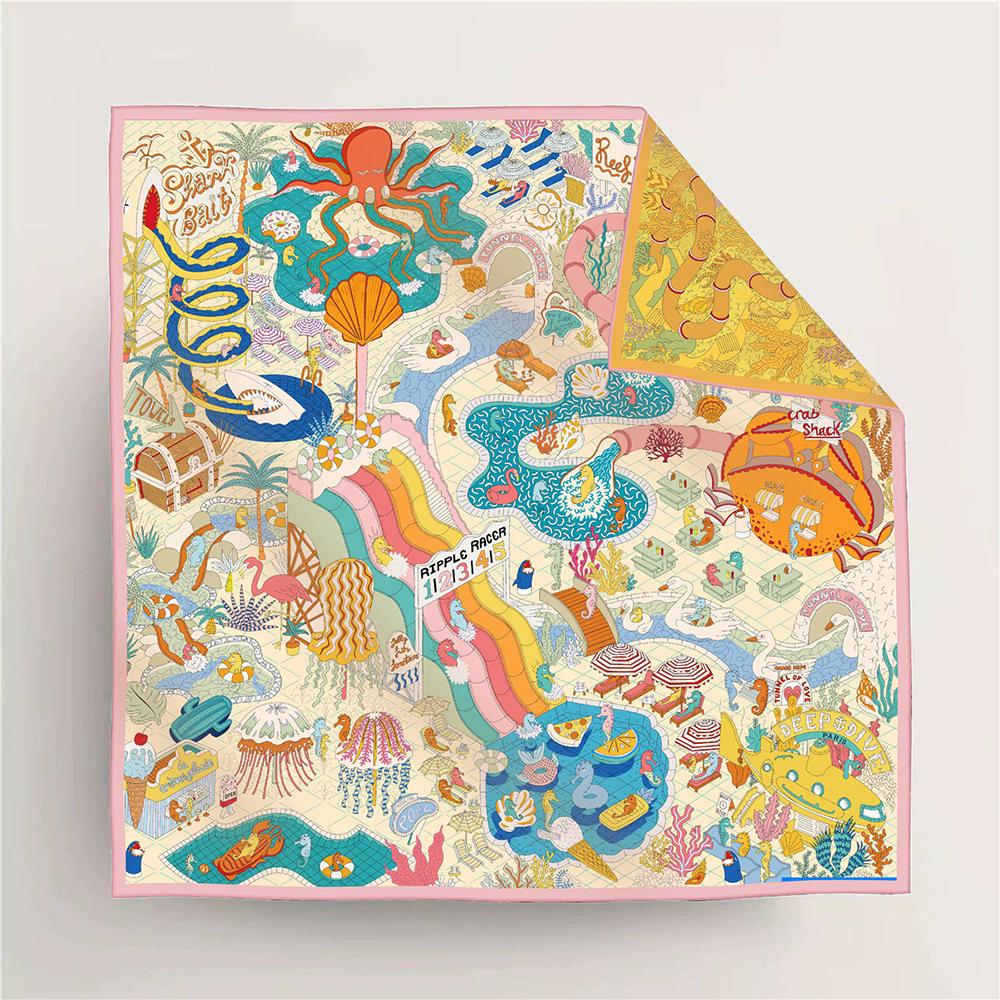 New Double-Sided Color-Block Silk Scarf with Underwater Amusement Park Print Decorative Fashion Women's 90cm Square Scarf