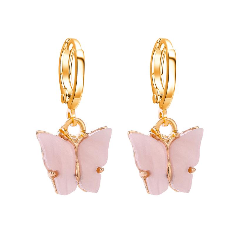 

Acrylic Resin Pink Color Butterfly Drop Earring for Women Sweet Boho Golden Loop Zircon Wholesale Accessory Girlfriend Gift