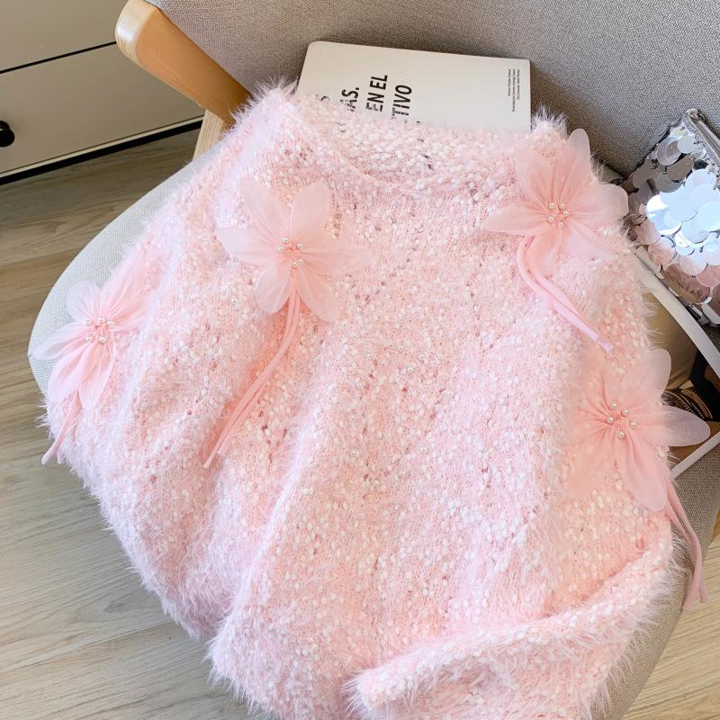 2026 Spring/Autumn V-neck Faux Mink Velvet Sweater - Women's French Design with Beaded Floral Accents