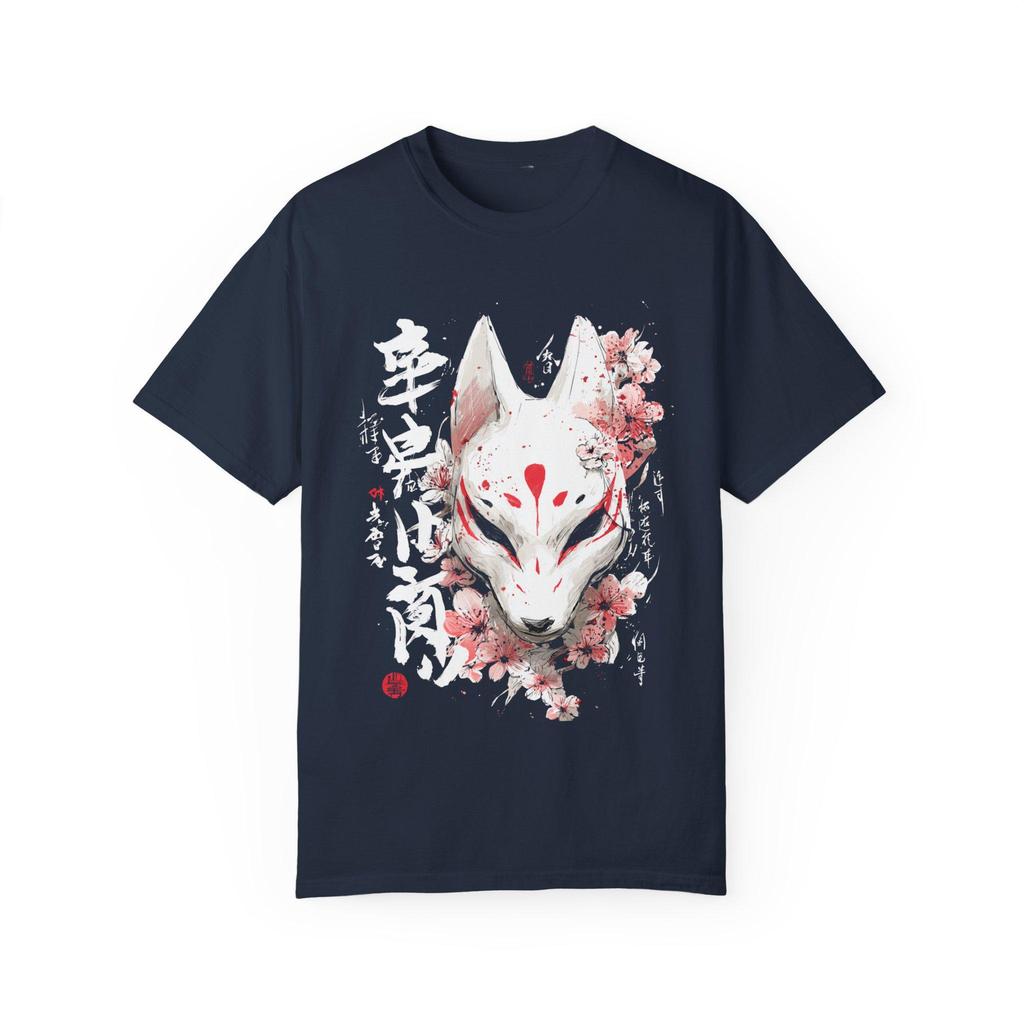 Mystical White Kitsune Fox Mask Unisex T-shirt, Men's Women's Tee, Japanese Folklore Urban Streetwear Top Animal Spirit Clothing
