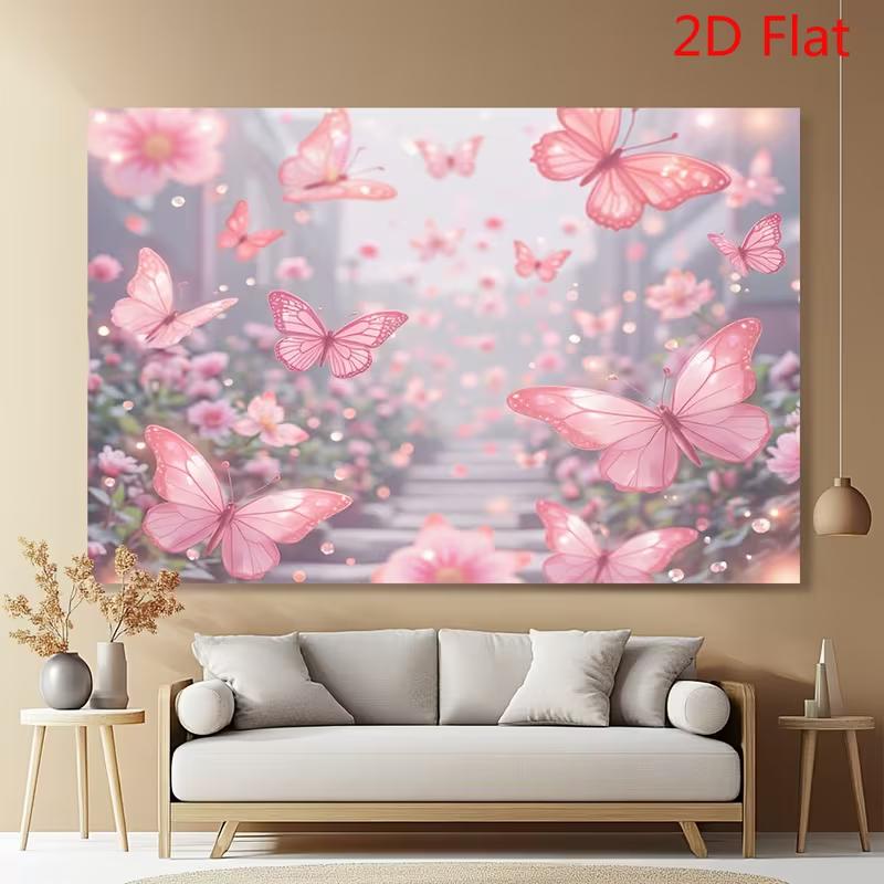 

2D Romantic Pink Butterfly Canvas Art, Blush Flower and Butterfly Wall Decor for Girls Room 47.2x31.5inch/120*80cm