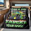 1Pc Customizable Green Monster Truck Blanket  "Just  Who Loves Trucks" Design Cozy Flannel Throw For Sofa Bed Travel