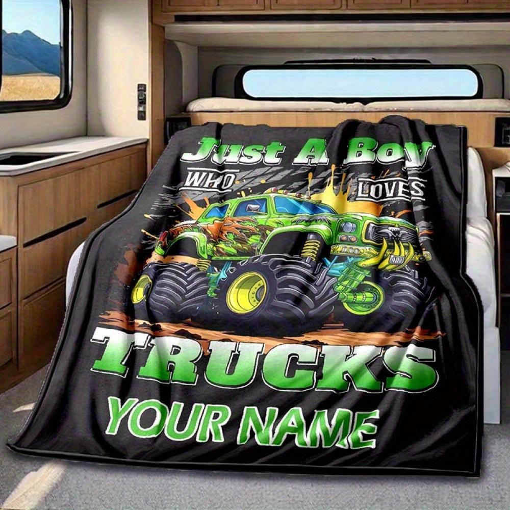 1Pc Customizable Green Monster Truck Blanket "Just Who Loves Trucks" Design Cozy Flannel Throw For Sofa Bed Travel