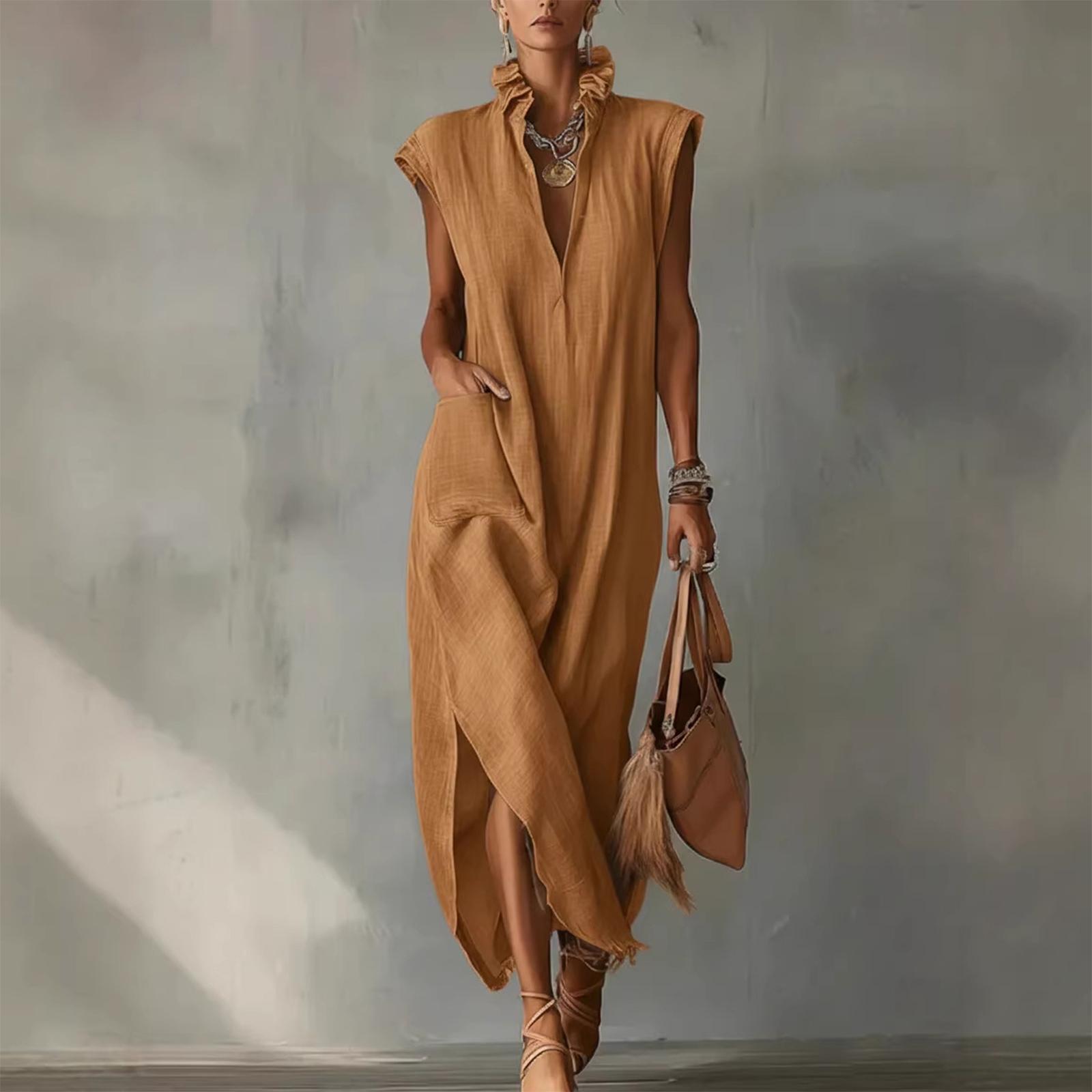 Ladies  Fashionable And Casual Cotton Linen Sleeveless Loose V-neck Dress S оранжевый