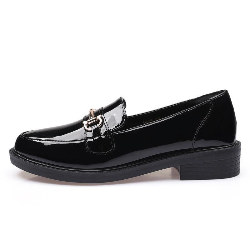 Genuine Leather SpringSeason and FallSeason Four Seasons Silent Work Gold Buckle Paint Glossy Round Head British Small Leather FootPairs Lady