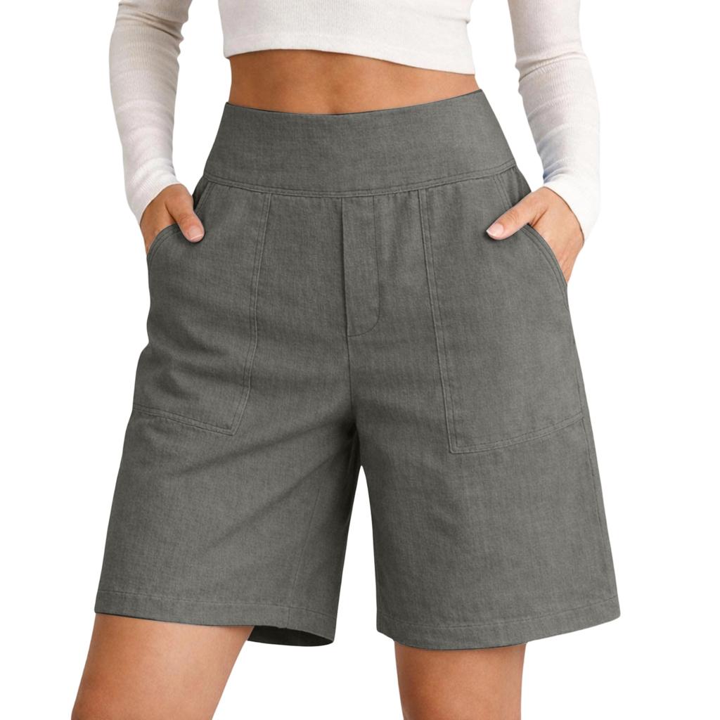Women's Color Cotton And Linen Casual Waist Shorts With Pockets And Five Quarter Shorts