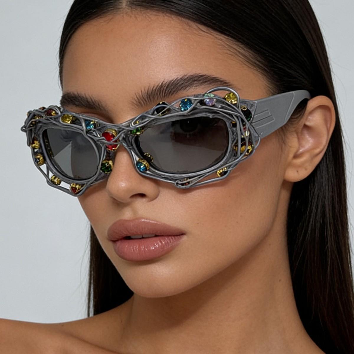 Attractive Glasses Women's Black Y2k Futuristic Wrapped Wire Sunglasses Colorful Rhinestone Punk Shades Cyber Streetwear Uv400 Trendy Party Glasses For