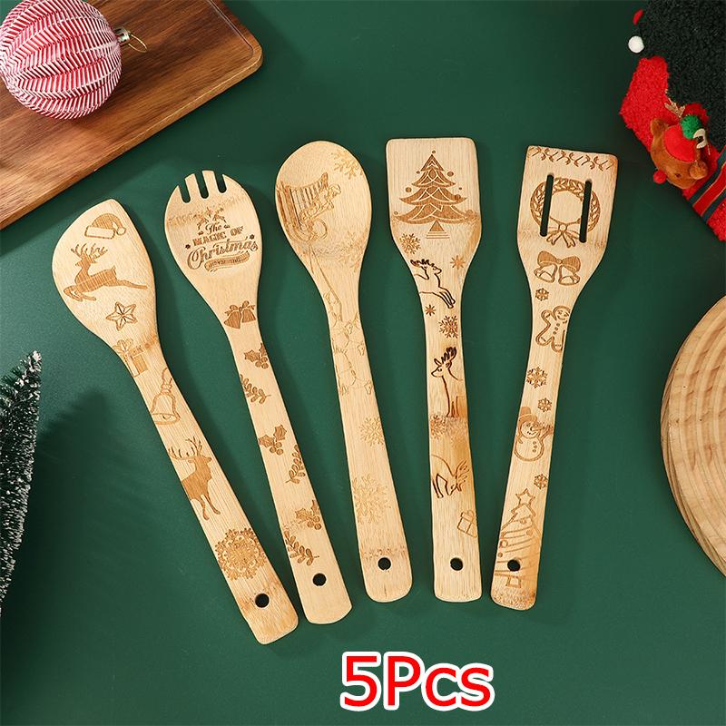 5 ks/sada Bambusové lžíce Kuchyně Vánoční potisk Ideální vánoční dárky Salátová špachtle Rodinné kuchyňské náčiní Pečení