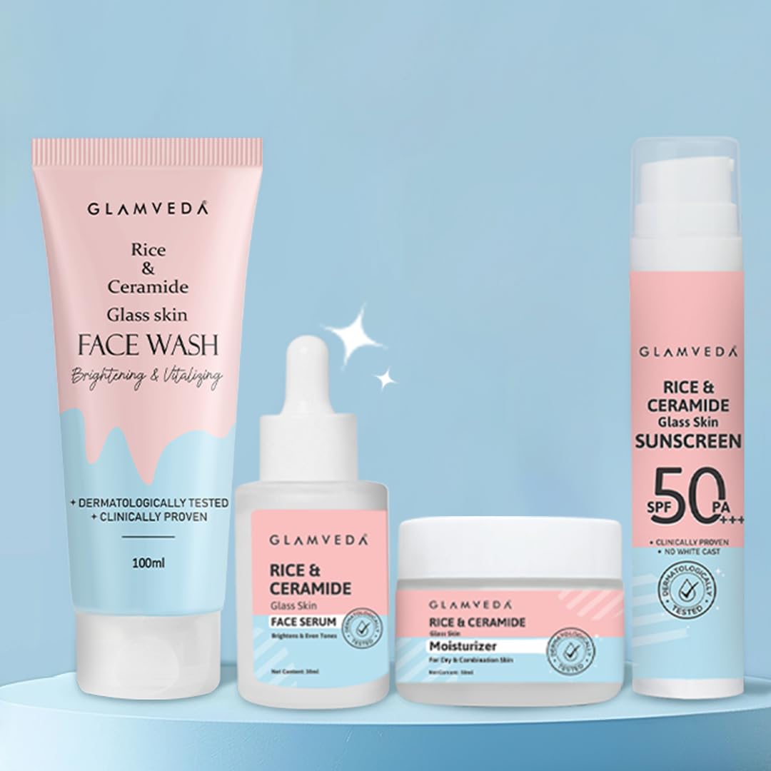 

Glamveda Rice & Ceramide 4 Step Skincare Kit | Face Wash, Moisturizer, Face Serum & SPF 50 PA++ Sunscreen | Hydrating, Barrier Repair & Glass Glo