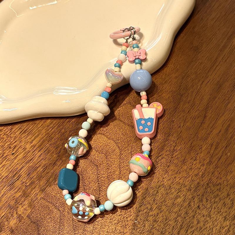 Ins Style Cute Pearl Milk Tea Colorful Beaded Phone Chain Camera Keychain Bag Pendant Phone Case Strap Pink Milk Tea Beaded Hang
