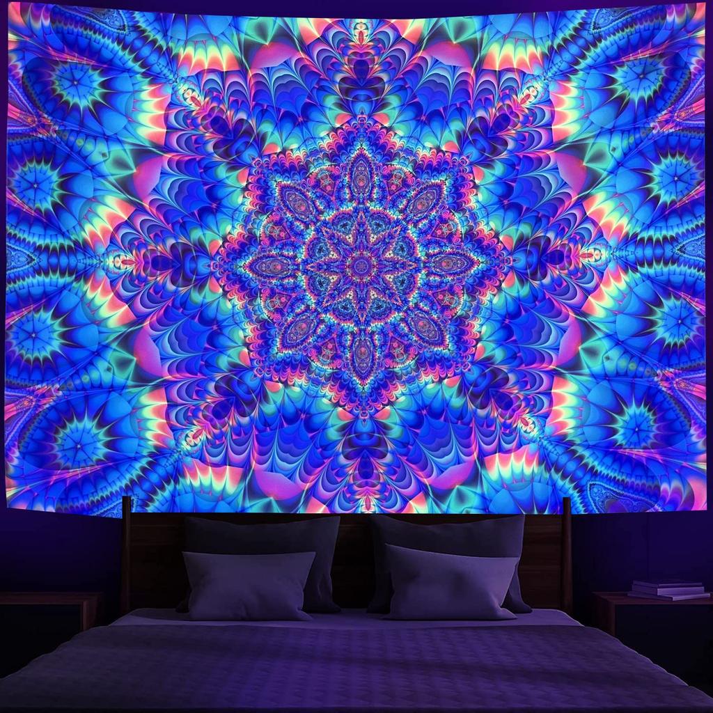 VIKAMA Fluorescent Mandala Tapestry with Neon Bohemian Patterns for Bedroom Living Room Decor Aesthetic Wall Art