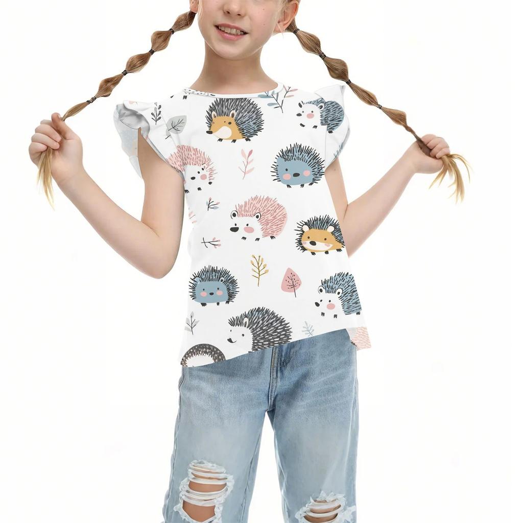 Children's Casual Short-Sleeved Pleated Cute Printed Round-Neck Solid-Color Top