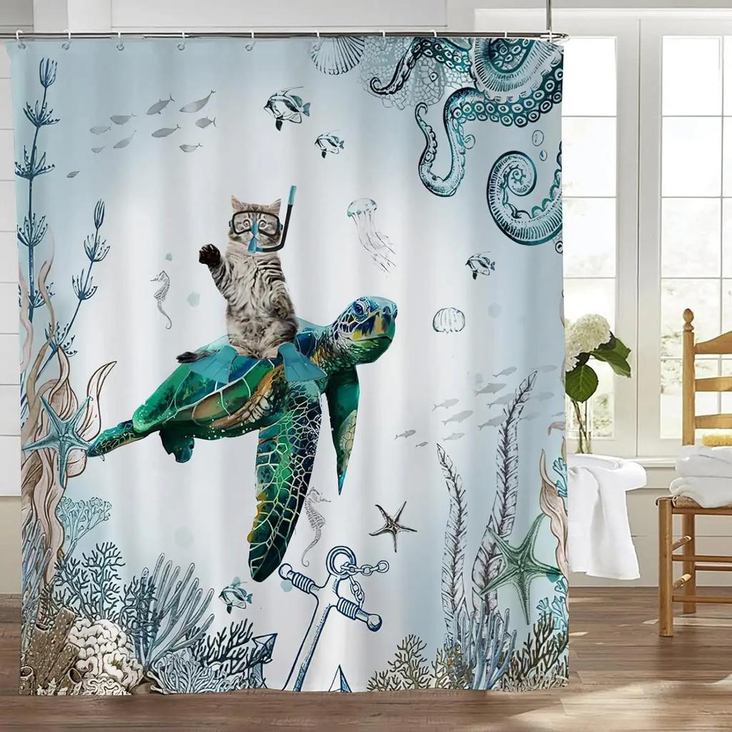 Funny Cat Shower Curtain, Colourful Galaxy Funny Riding Shark In Ocean, Beach Cartoon Turtle Coral Laser Bathroom Decoration