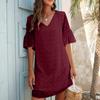 Women's  Small Fresh Casual Solid Color Loose Straight Trumpet Short-sleeved Jacquard-chiffon Stitching V-neck Dress