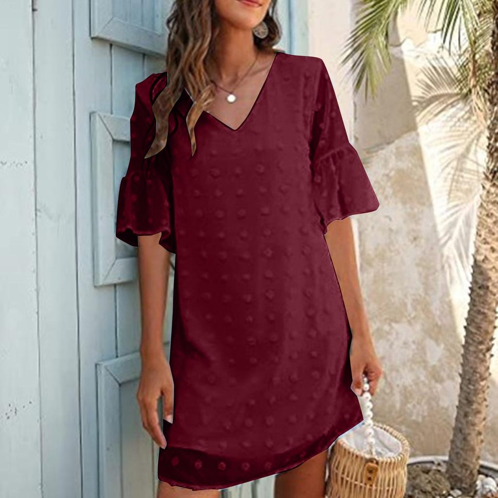 Women's  Small Fresh Casual Solid Color Loose Straight Trumpet Short-sleeved Jacquard-chiffon Stitching V-neck Dress
