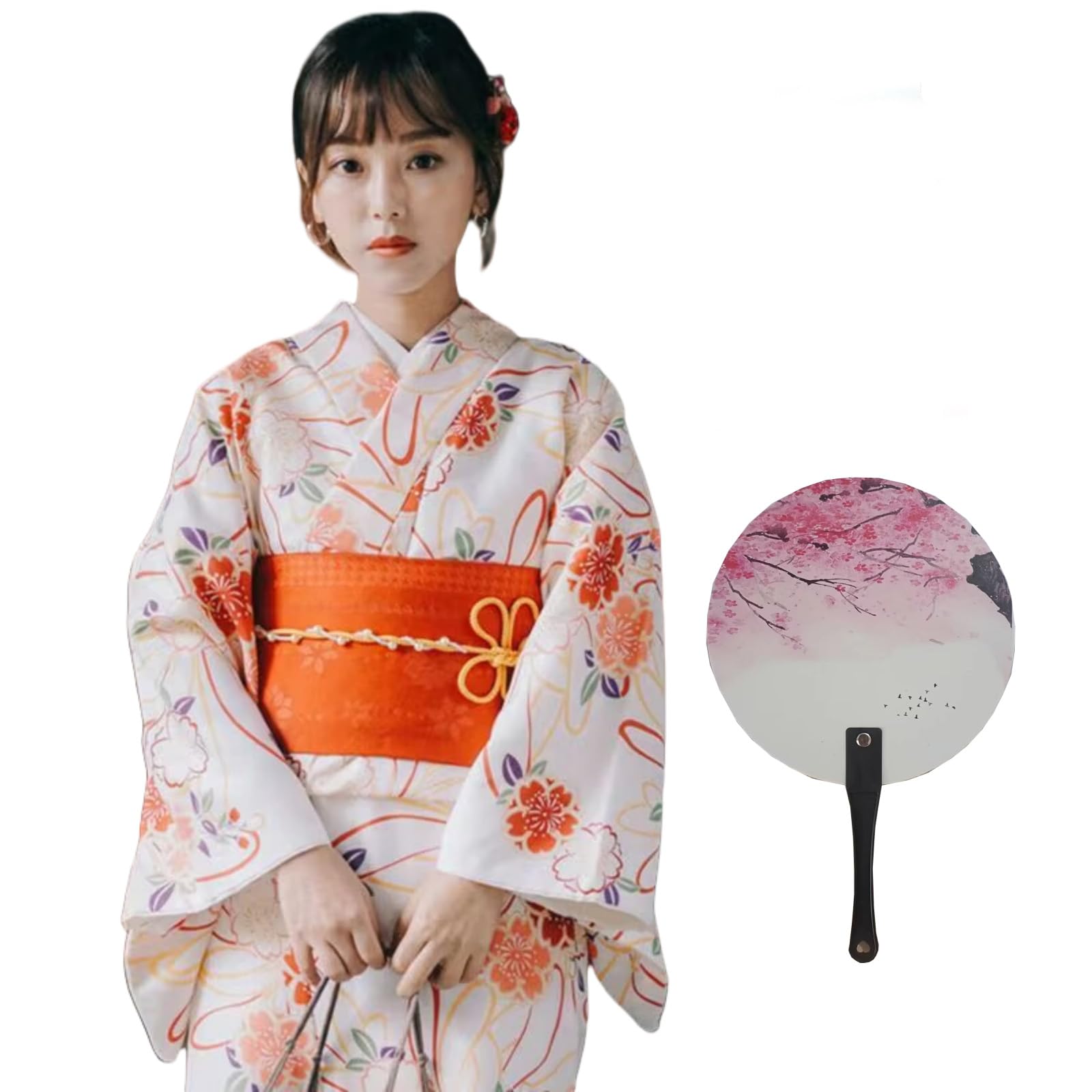

Комплект кимоно BUITVOZE и прическа для взрослого с цветущей сакурой и пояс Хэко. Размер: один размер. Подходит для женщин. 4 предмета. (Юката, Оби, Веер, Аксессуар) Просмотр, белый