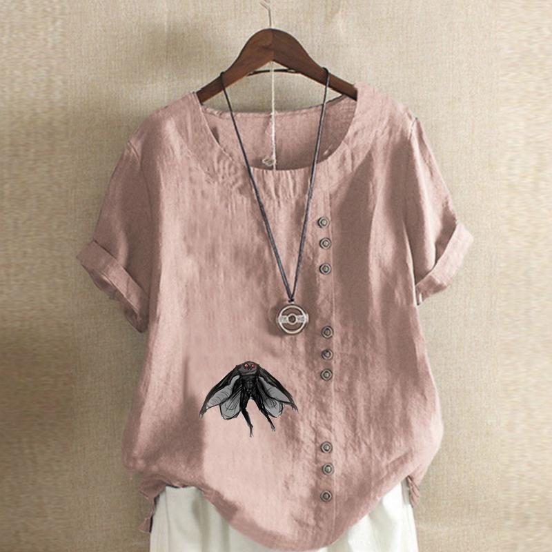 Women's Fashion Housefly Print Short Sleeve T-shirt Loose Cotton Shirt Casual Loose Summer Blouse Tops Plus Size