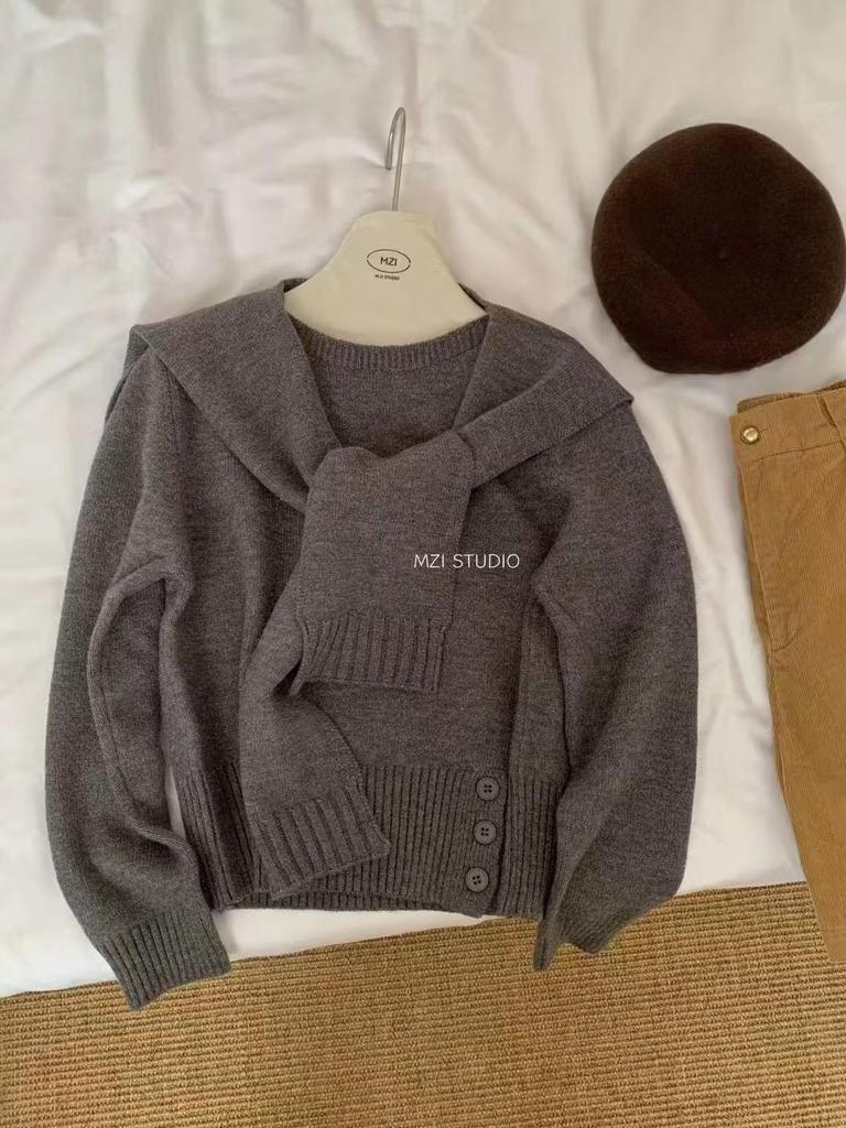 Korean Chic Waist-Cinched Loose Slimming Sweater with Shawl, Long Sleeve Knit Top for Autumn/Winter