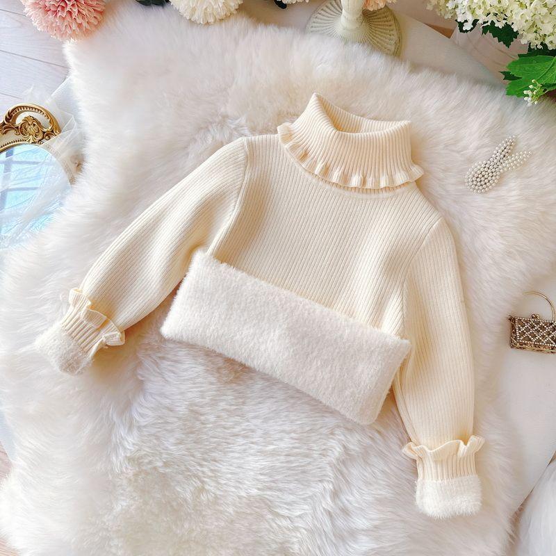 

Свитер для девочек с высоким воротником и кружевным воротником. Зимний цельный бархатный детский однотонный свитер с толстым бархатным свитером. 130 бежевый