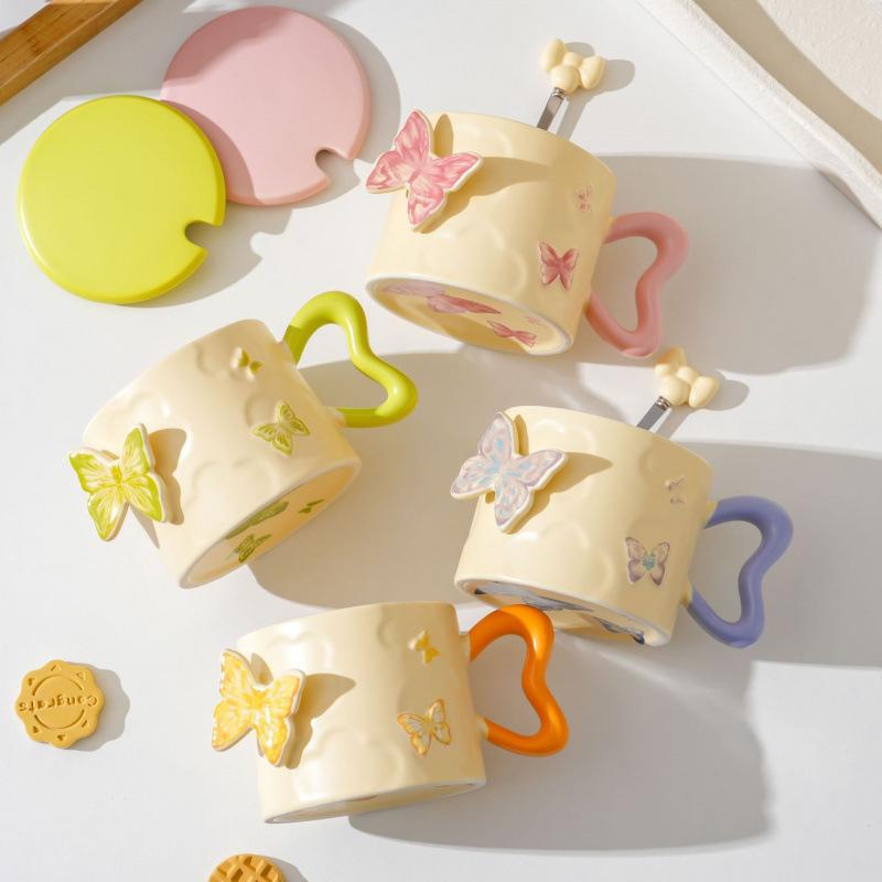 Creative Embossed Butterfly Personalized Ceramic Mug As A Souvenir Coffee Cup with Lid and Spoon High Looking Small Fresh Water Cup