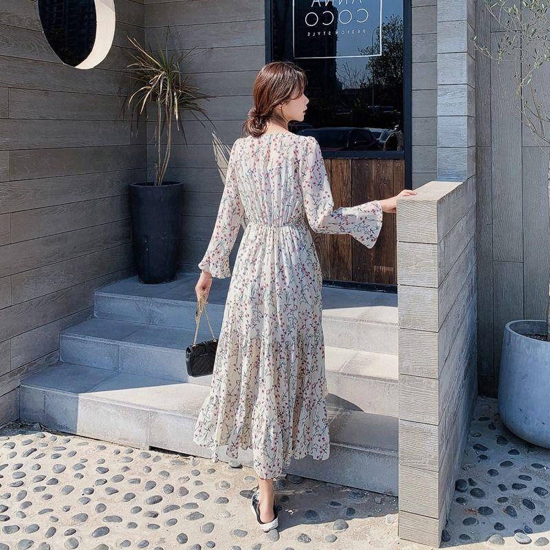 WTEMPO Brand Fragmented Chiffon Long Sleeve Dress Loose Retro Versatile Large Hemline Skirt Slim Tall Super Long Knee Skirts