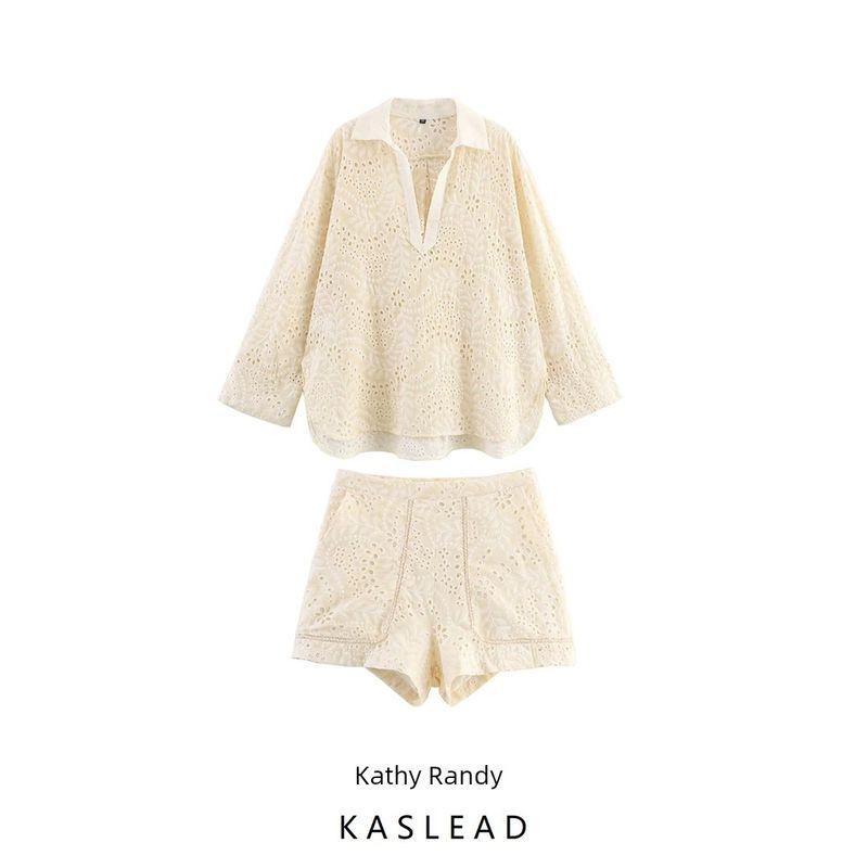 Kaslead New Women Clothes Western Style Hollow Embroidery Shirts Leisure Shorts 4786105 4786106