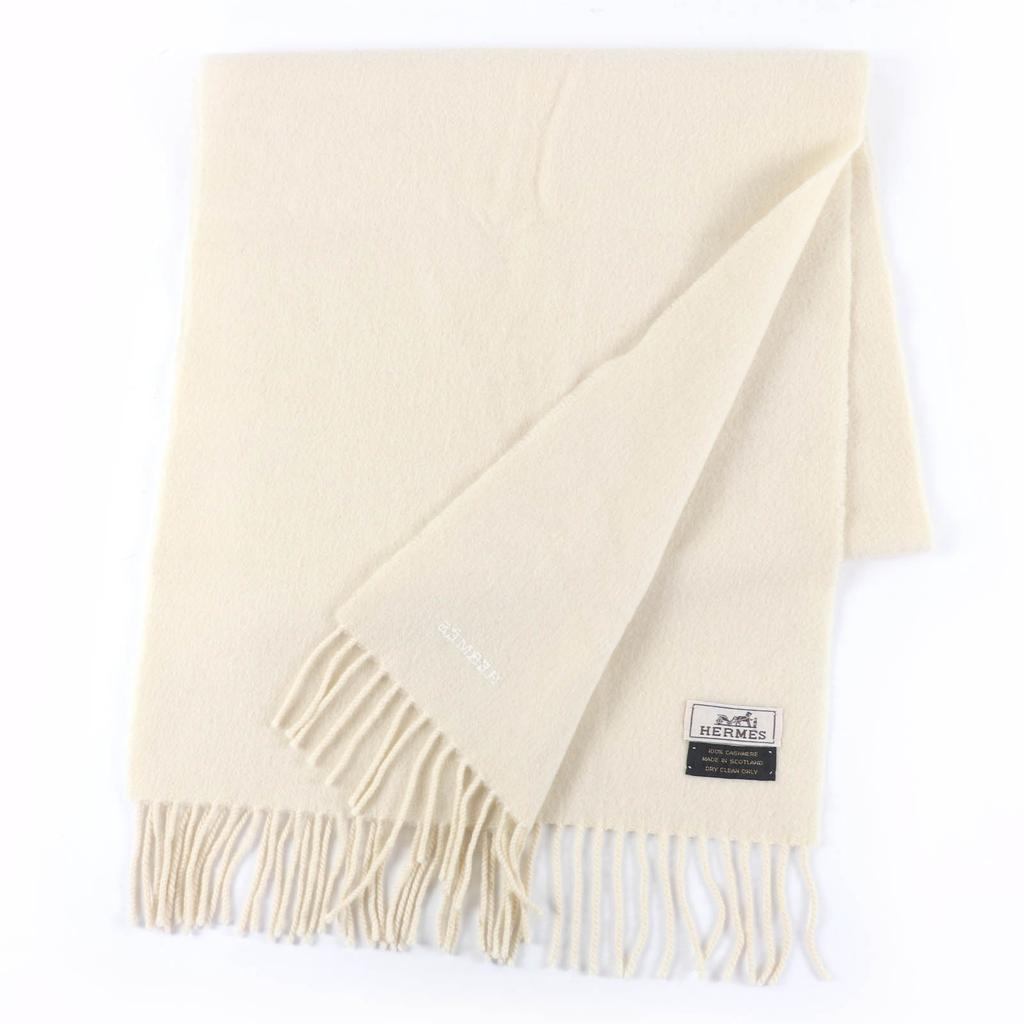 Great HERMES Scarf Recto Verso Embroidered logo with fringe Ivory cashmere Women Used