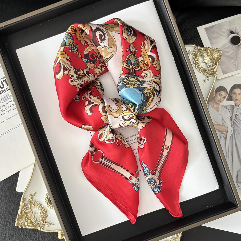 Luxury Women's Square Soft Satin Polyester Scarf Flower Printed Shawls Hijab Four Seasons Bandanna