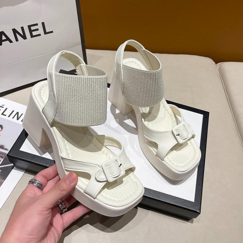 Populares Sandalias de Mujer Verano Tejido de Malla Punta Cuadrada Tacón Alto Grueso Zapatos de Mujer Casual Plataforma Romanas Sólidas Sandalias de Mujer