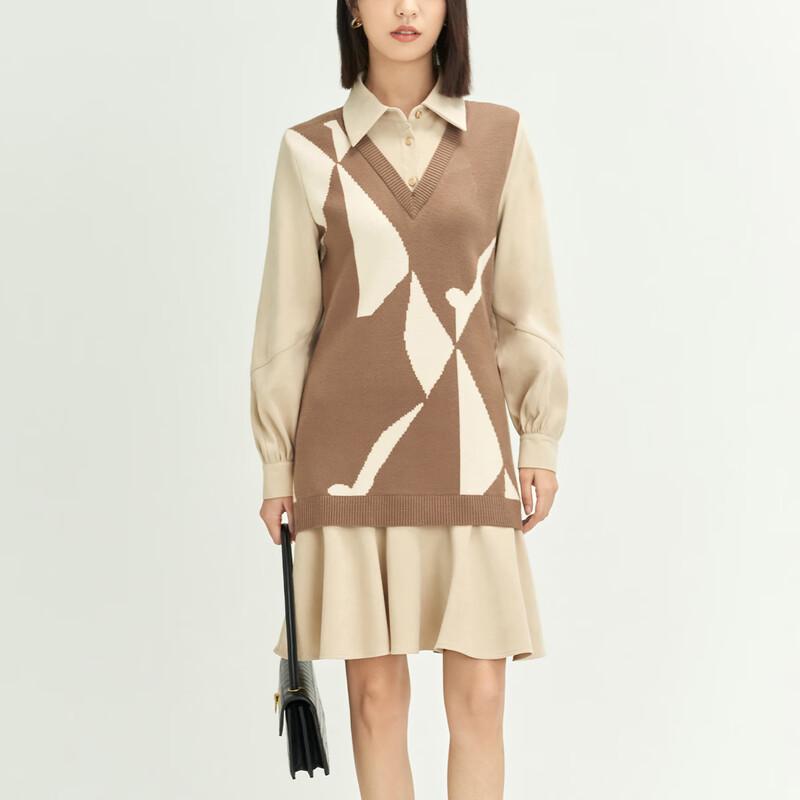 

Shetu Women s Jacquard Faux Two-Piece Long-Sleeve Dress S