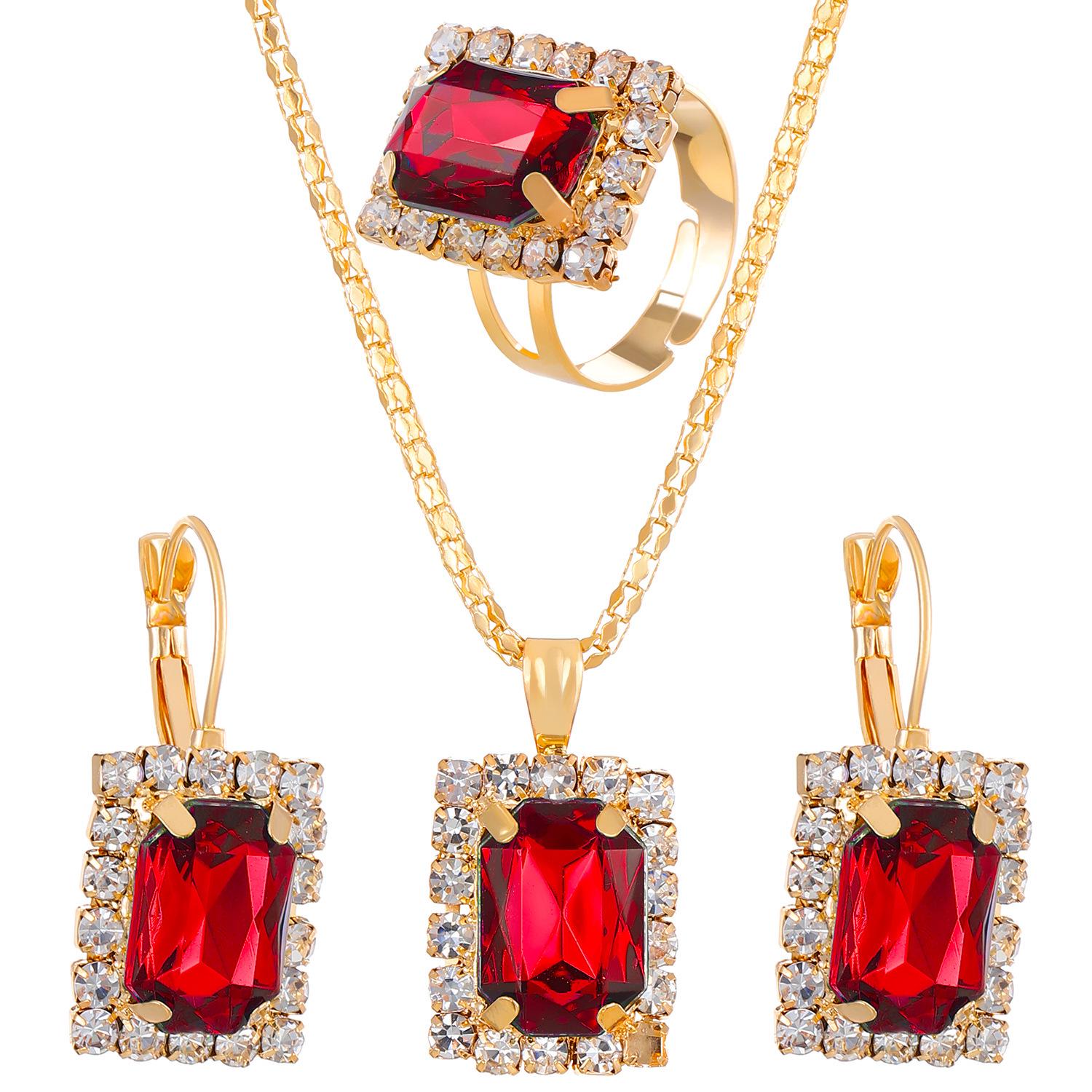European & American Water Drop Rhinestone Jewelry Set: Fashionable Multicolor Necklace, Earring, and Ring for Bridal Occasions.