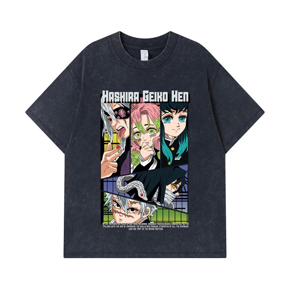 275 GSM Washed T-shirts 100% Cotton Demon Slayer V18 Hashira Geiko Print Unisex Heavy Cotton T Shirt