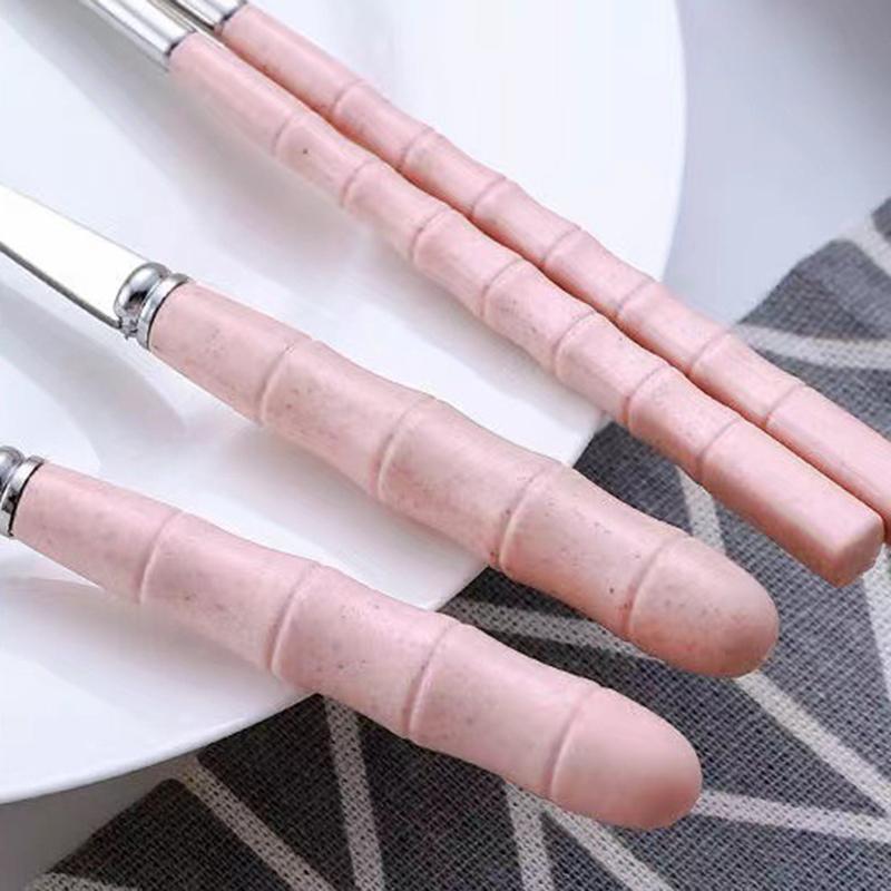 Stainless Steel Pink Cutlery Spoon Fork Chopsticks 3 Piece Set Outdoor Portable Cutlery Student Cafeteria and Adult Lunchware