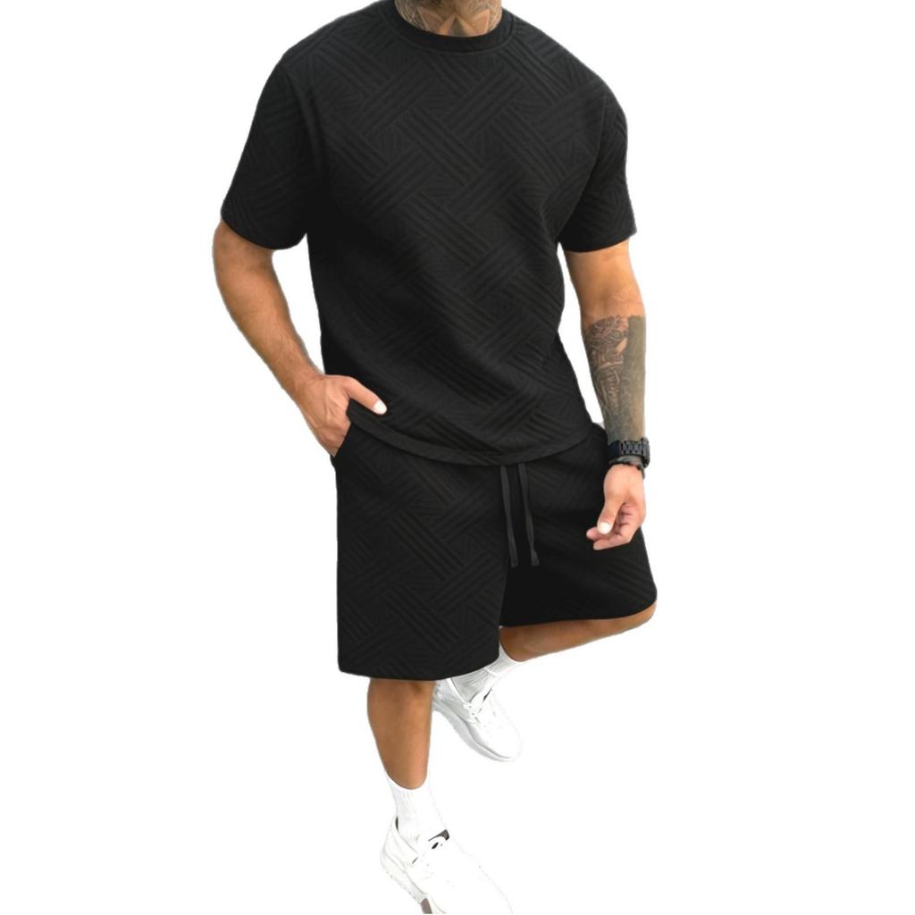Men's Solid Color Jacquard Round Neck T-shirt and Shorts Sports Set - Spring