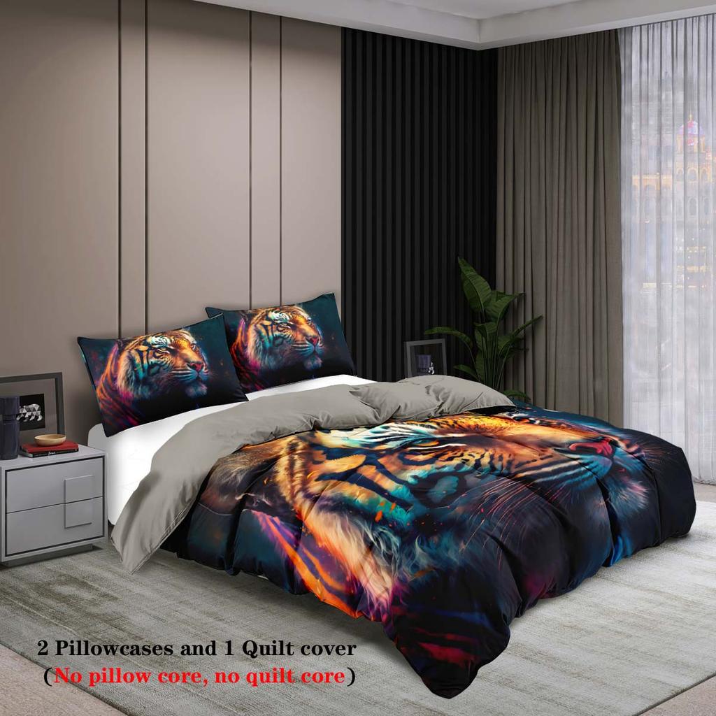Three-Piece Set (1 Duvet Cover + 2 Pillowcases Coreless) Cool Tiger Printed Bedding Set Multiple Sizes For All Rooms